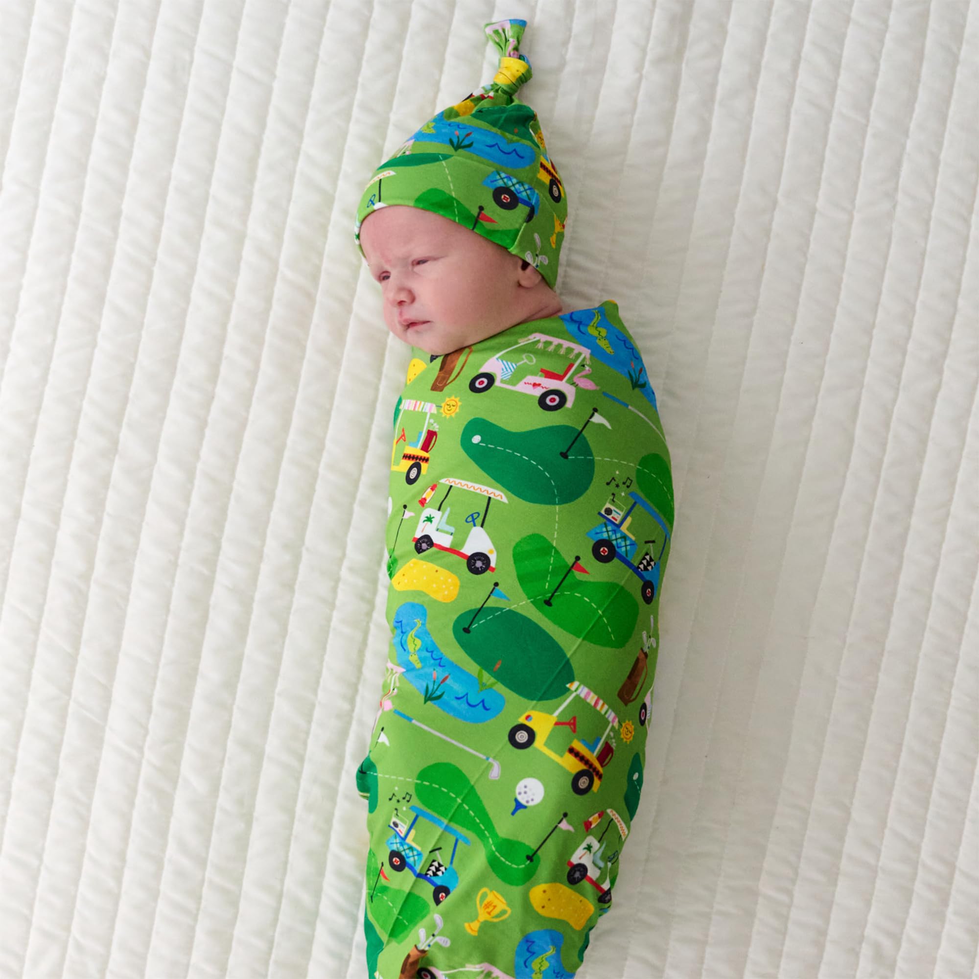 Little Sleepies swaddle fabric close-up shows soft viscose from bamboo, gentle on skin