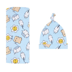 Little Sleepies swaddle set with blue Breakfast Buddies for gentle newborn comfort.