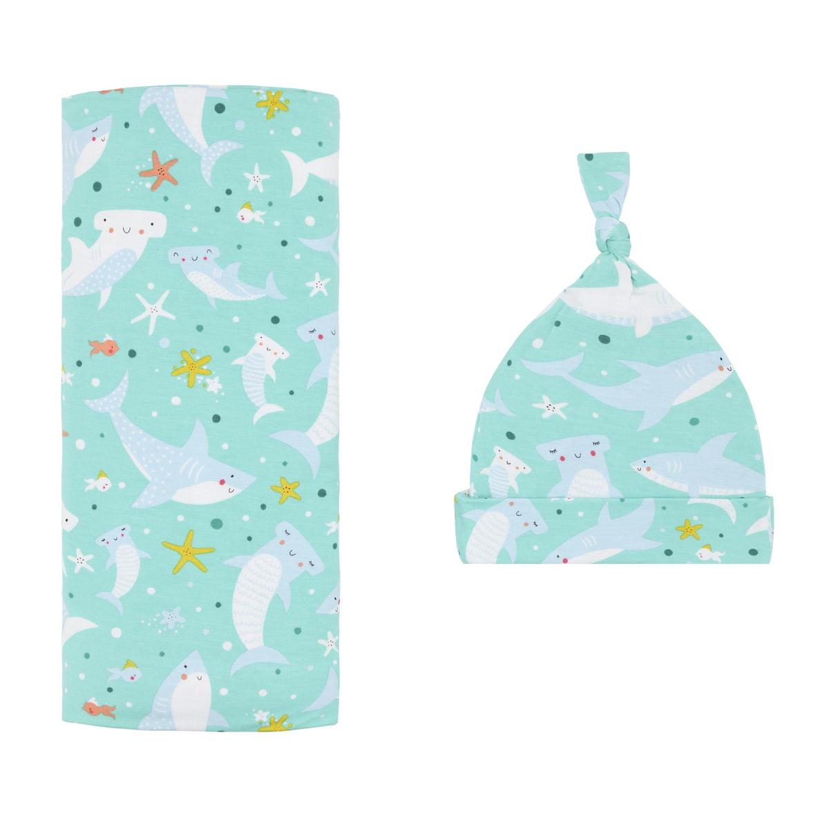 Little Sleepies Shark Soiree swaddle blanket shows breathable bamboo comfort for naps.