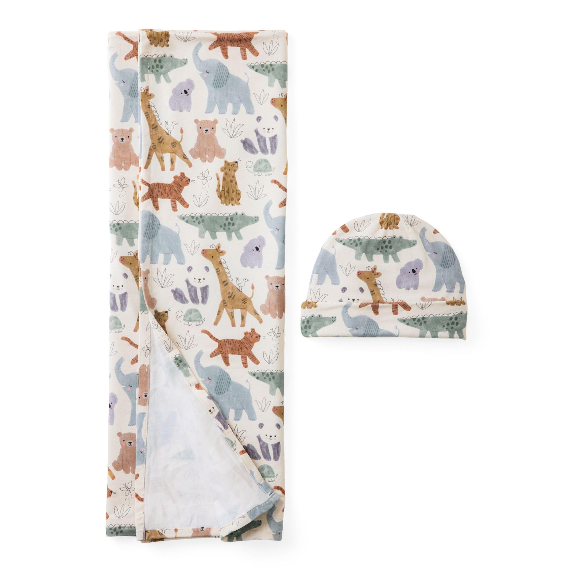 Little Sleepies Sweet Safari swaddle blanket in breathable bamboo for gentle newborn comfort.
