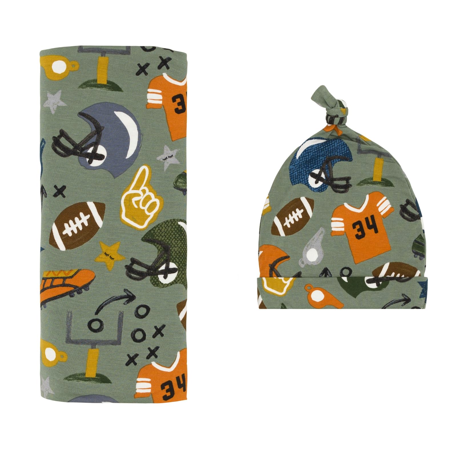 Little Sleepies Touchdown Time swaddle set with hat for cozy newborn snuggles.