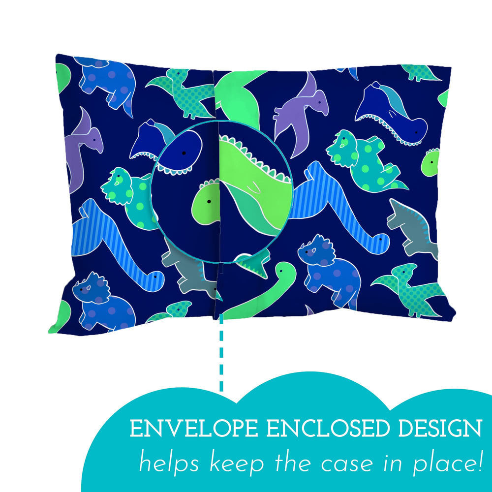 Little Sleepy Head travel pillow cover in dinosaurs blue for easy on-the-go use.