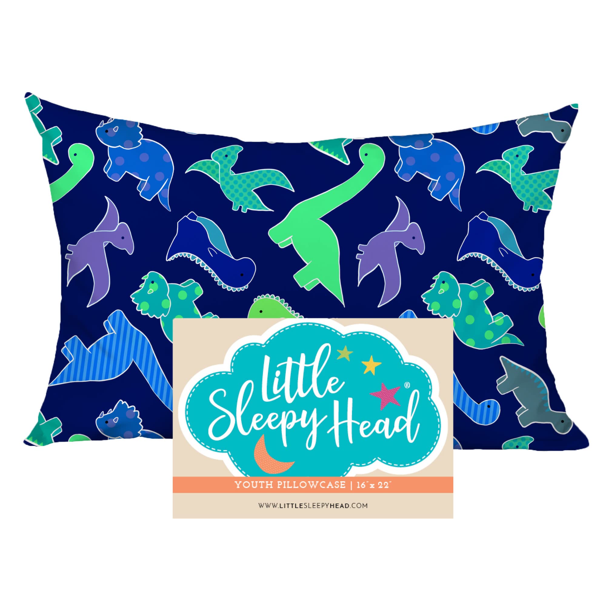 Little Sleepy Head dinosaurs blue youth pillow case for snug 16x22 fit.