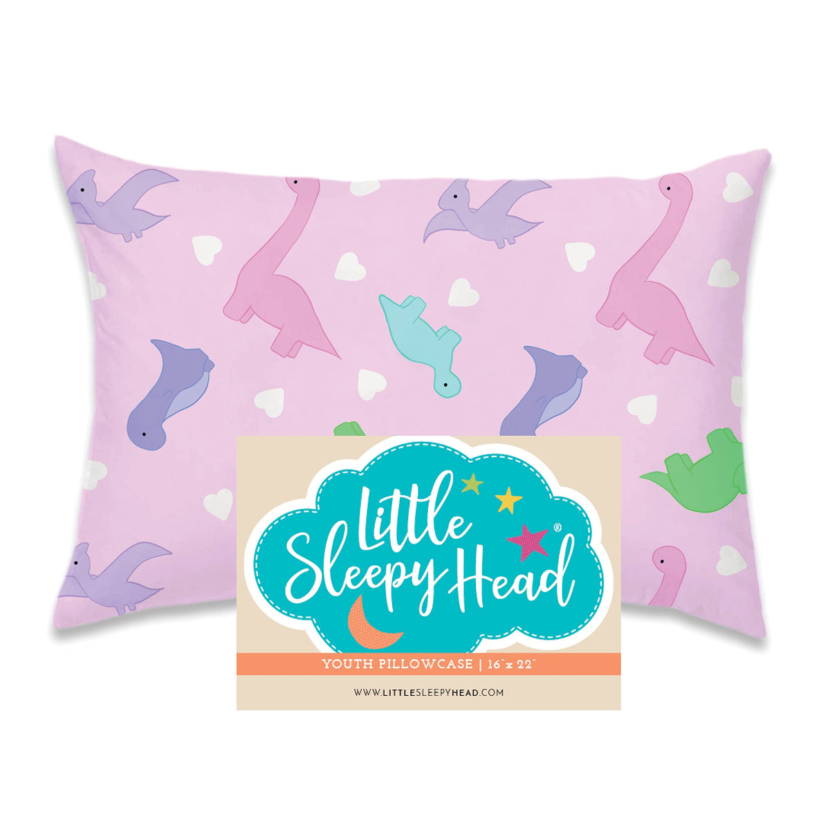 Little Sleepy Head dinosaurs pink youth pillow case, 16x22, snug home or travel use.