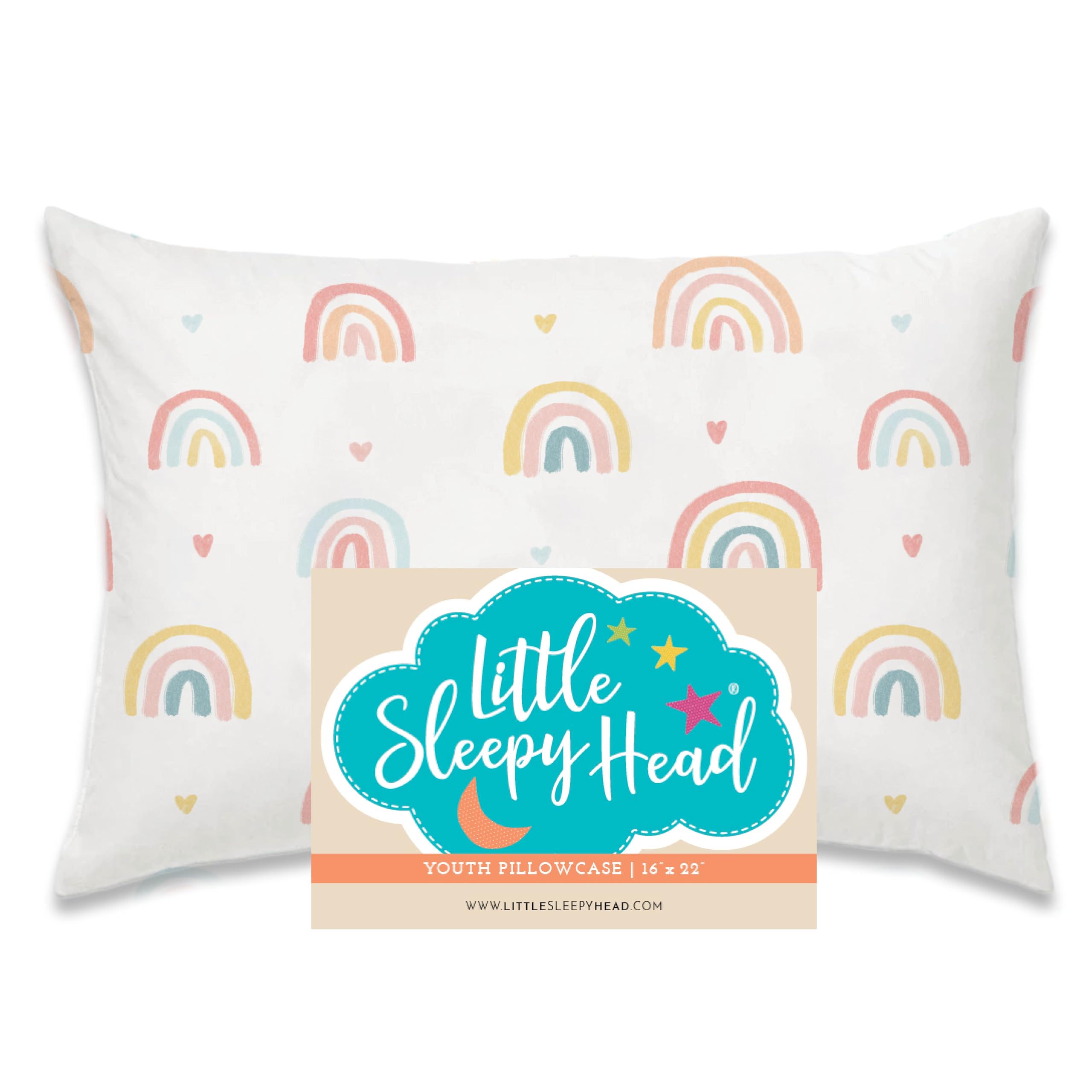 Little Sleepy Head rainbows youth pillowcase 16x22 close-up showcases premium cotton and snug fit.