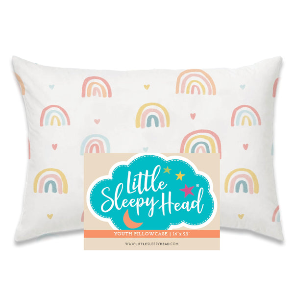 Little Sleepy Head rainbows youth pillowcase 16x22 close-up showcases premium cotton and snug fit.