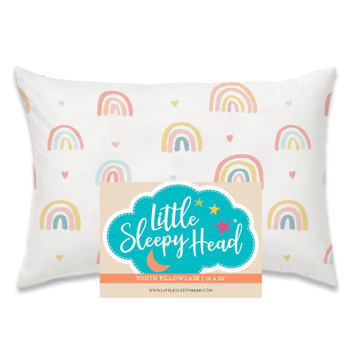 Little Sleepy Head rainbows youth pillowcase 16x22 close-up showcases premium cotton and snug fit.