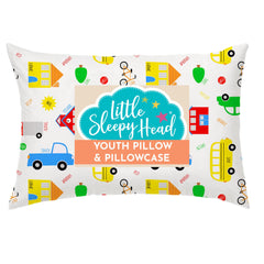 Little Sleepy Head youth pillow 16x22 with vibrant cover supports growing necks.