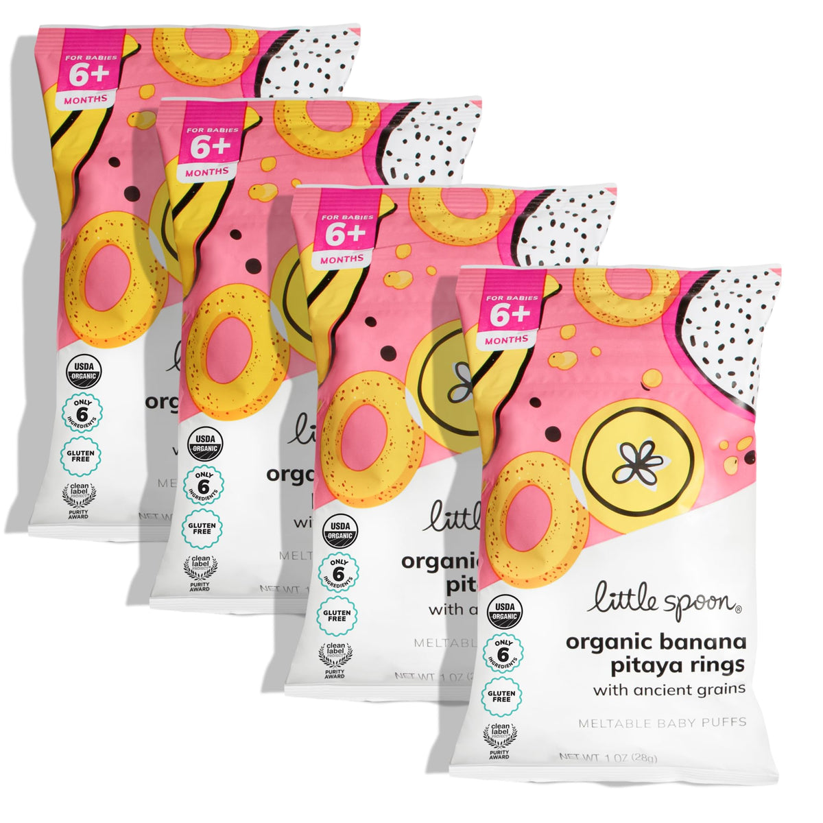 Little Spoon banana pitaya puffs with meltable texture for tiny hands.