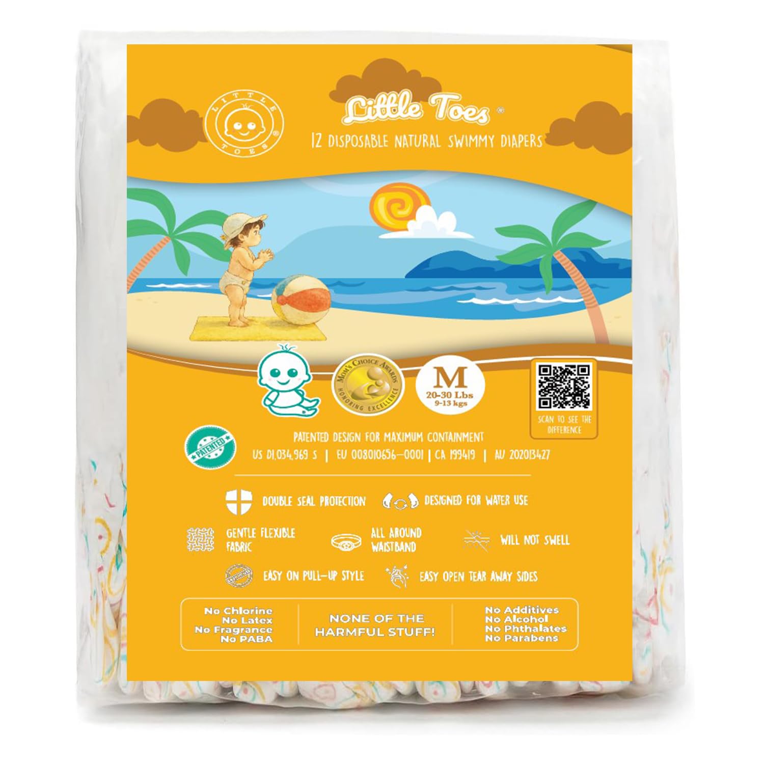 Little Toes swim diaper pack-12 offers a secure, snug fit for splash ready playtime.