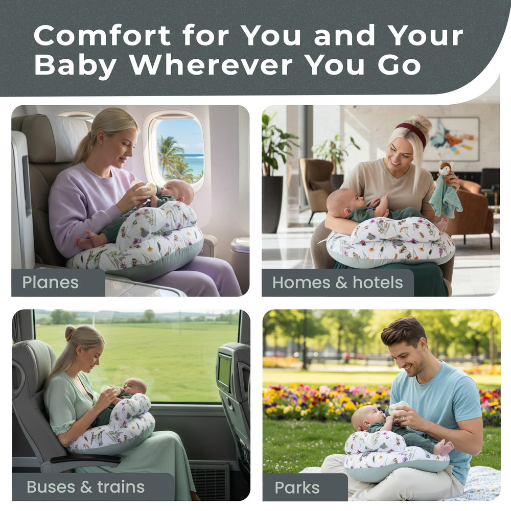 Durable, easy-clean cover on Little Traveler pillow for busy moms