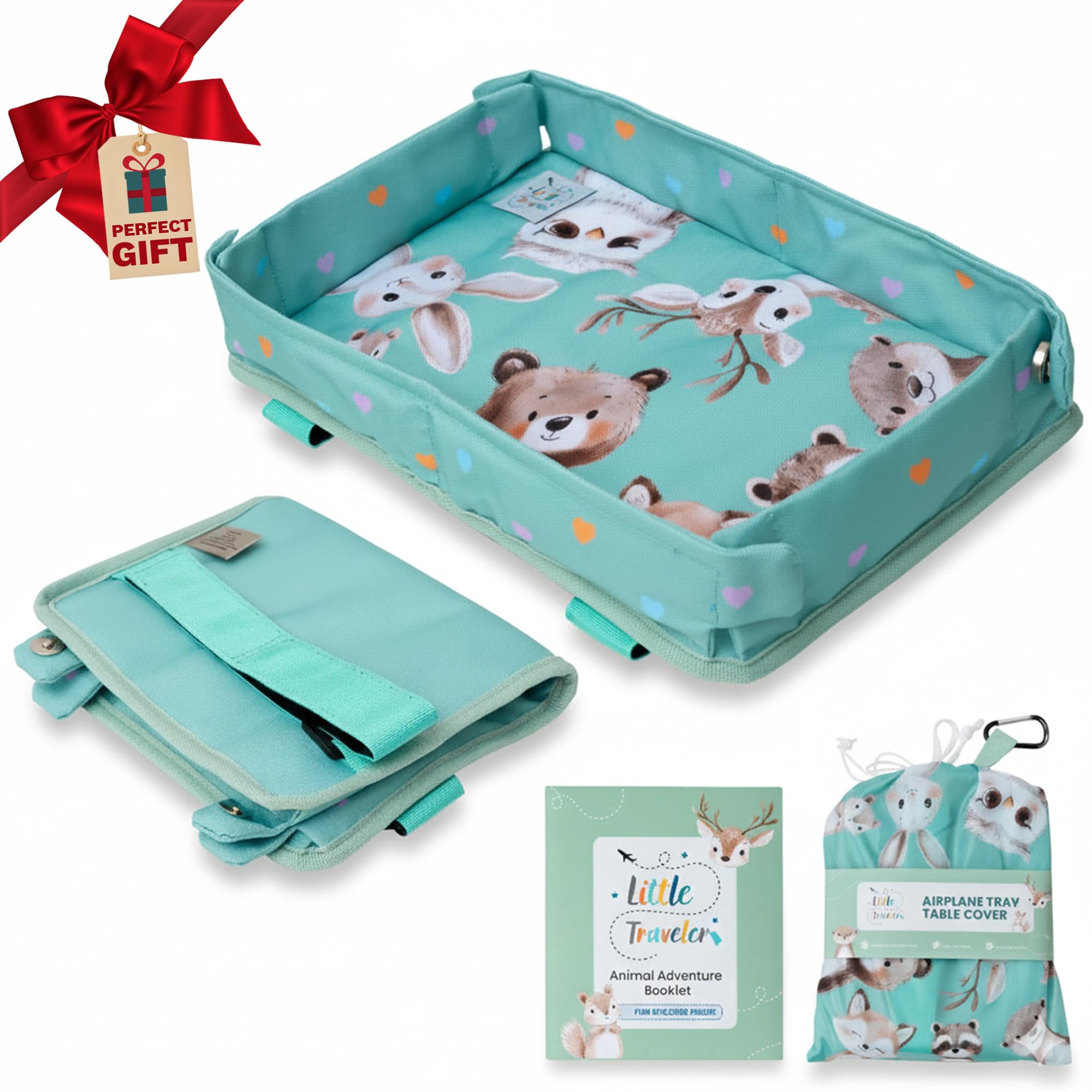 Little Traveler waterproof airplane tray cover shows forest pattern for clean flights