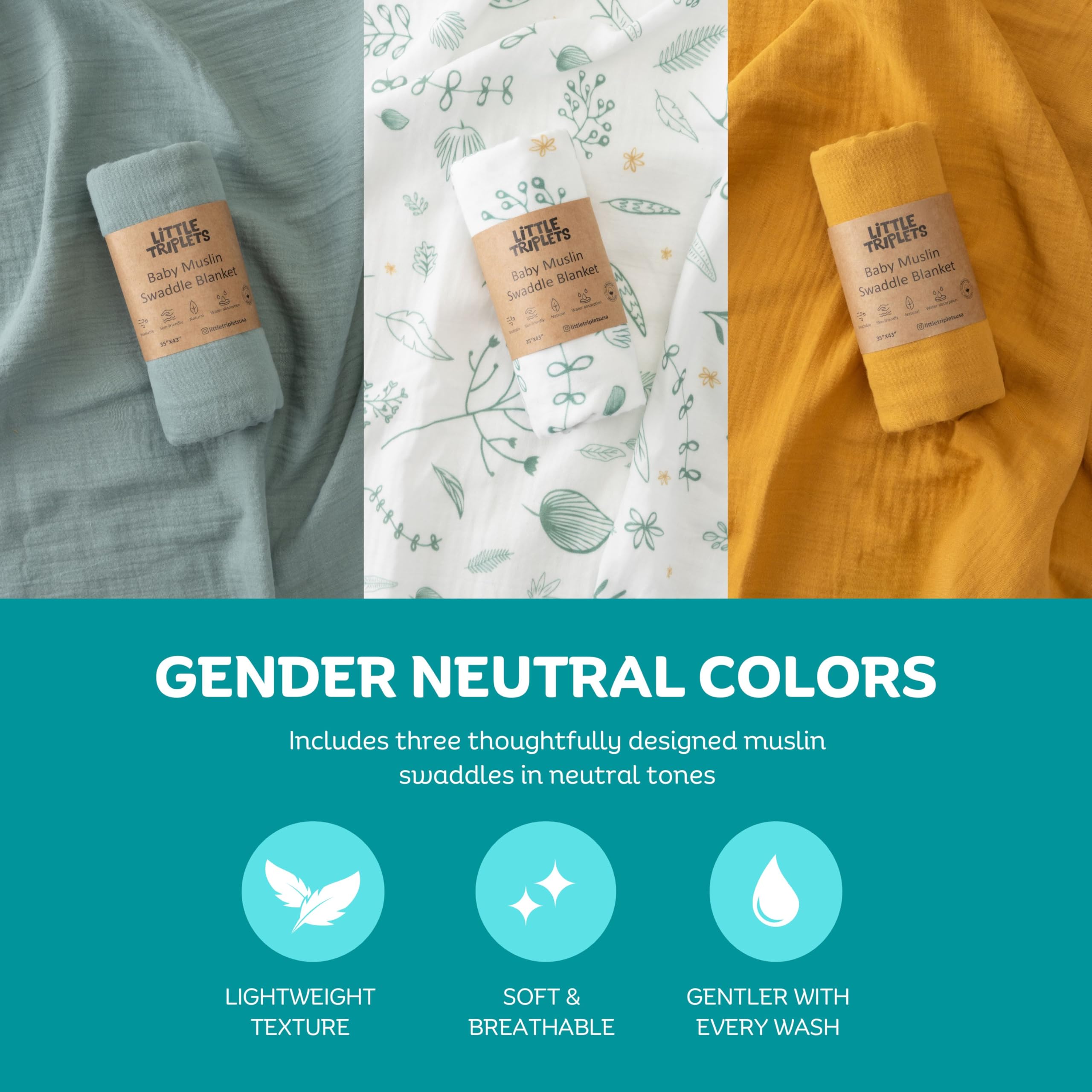LITTLE TRIPLETS muslin swaddle blankets measure 35x43 inches for versatile baby comfort