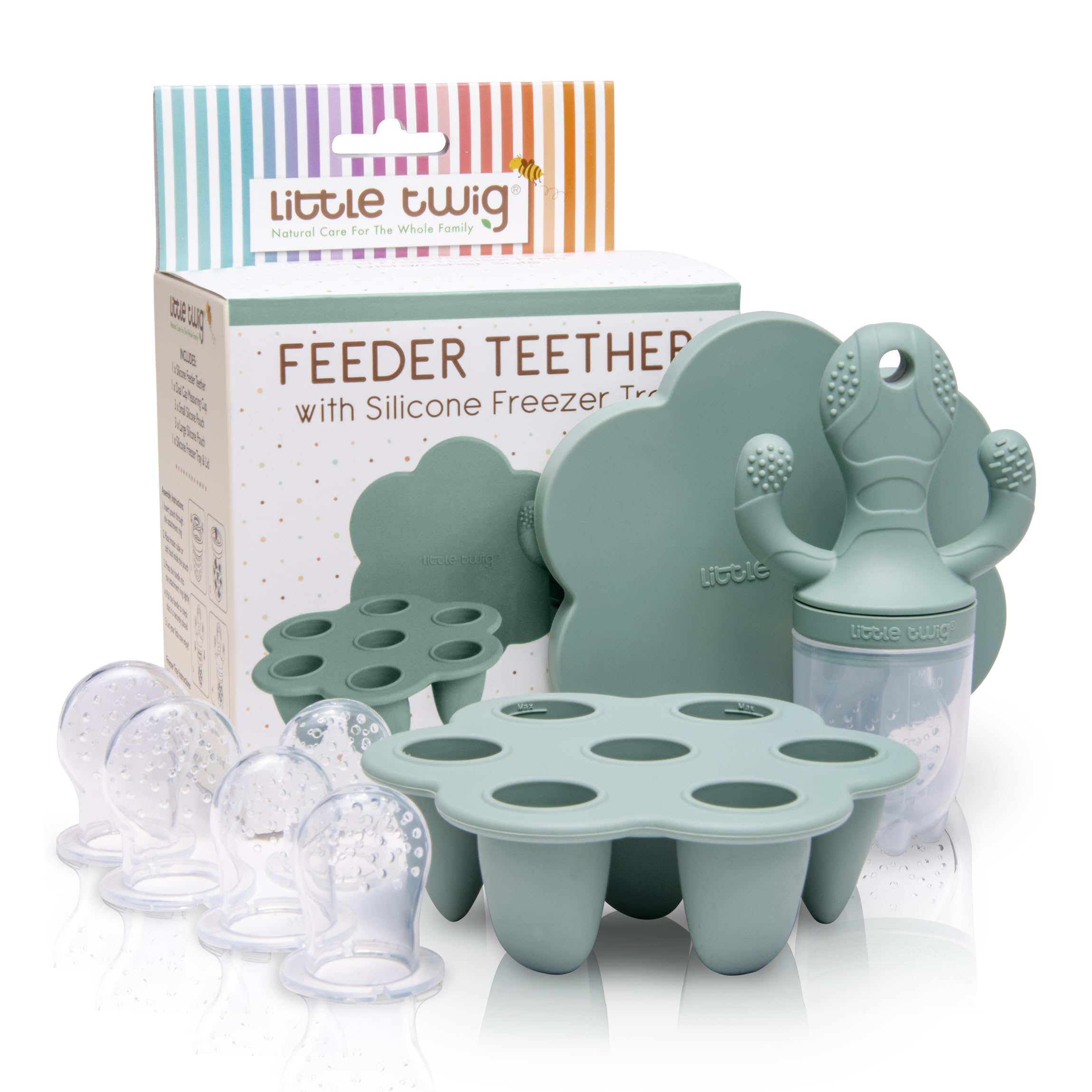 Little Twig feeder-teether with soft silicone for safe chewing and feeding.