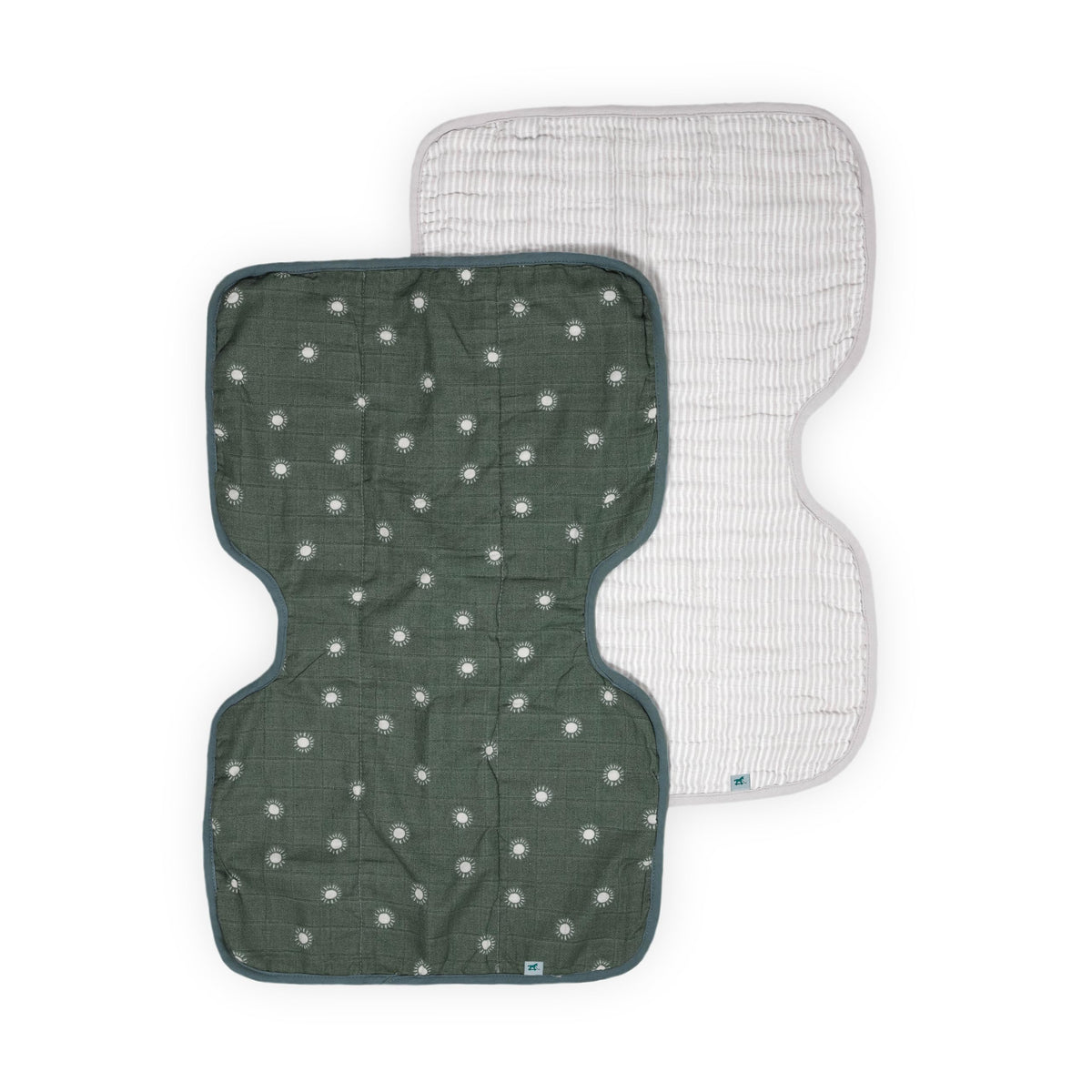 Little Unicorn burp cloths 2-pack in organic muslin cotton for gentle, highly absorbent protection.