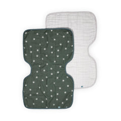 Little Unicorn burp cloths 2-pack in organic muslin cotton for gentle, highly absorbent protection.