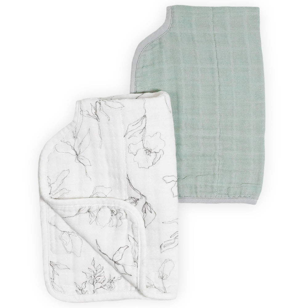 Little Unicorn pencil floral burp cloth back view highlights pattern and coverage.