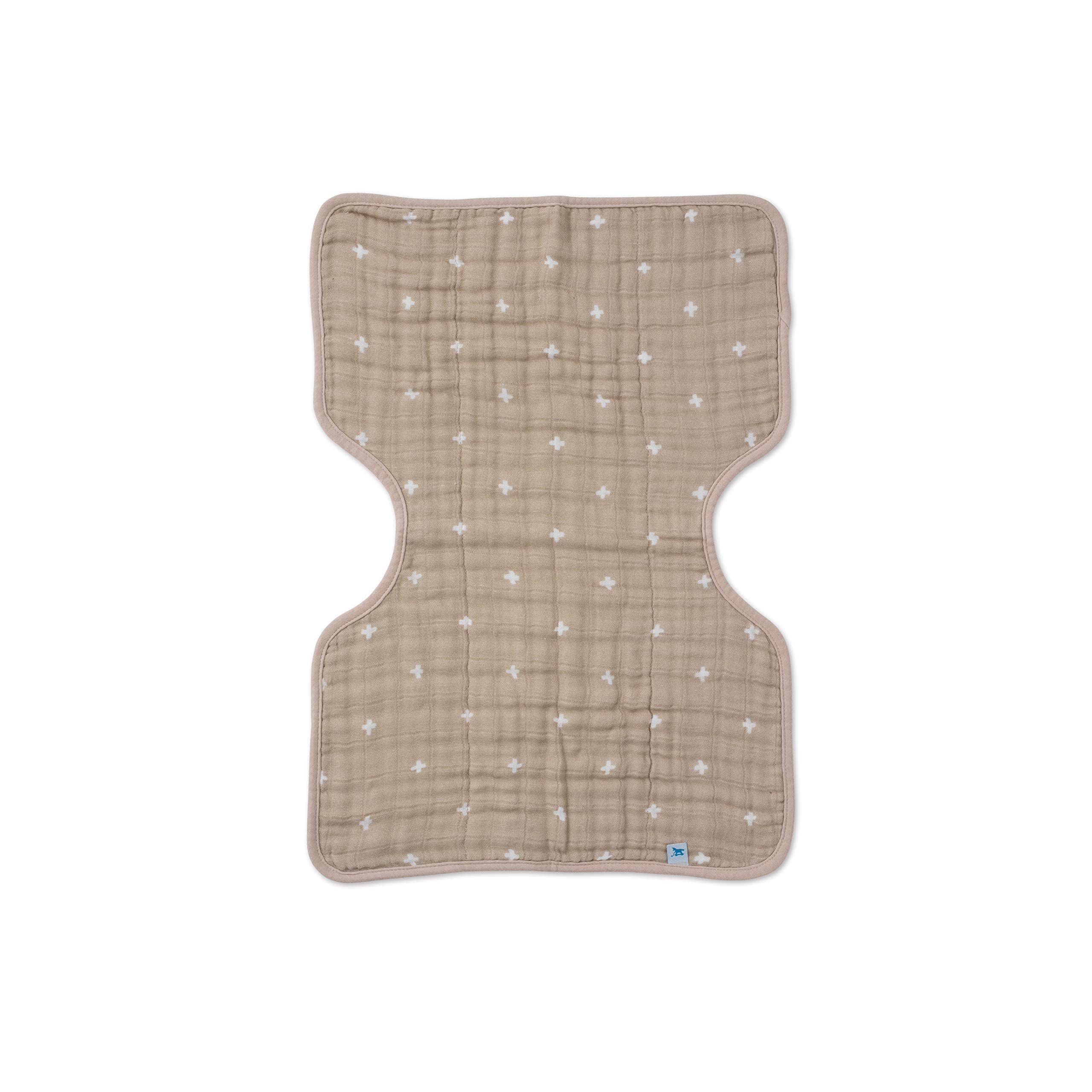 Close-up of taupe cross fabric showing soft, breathable material for baby comfort