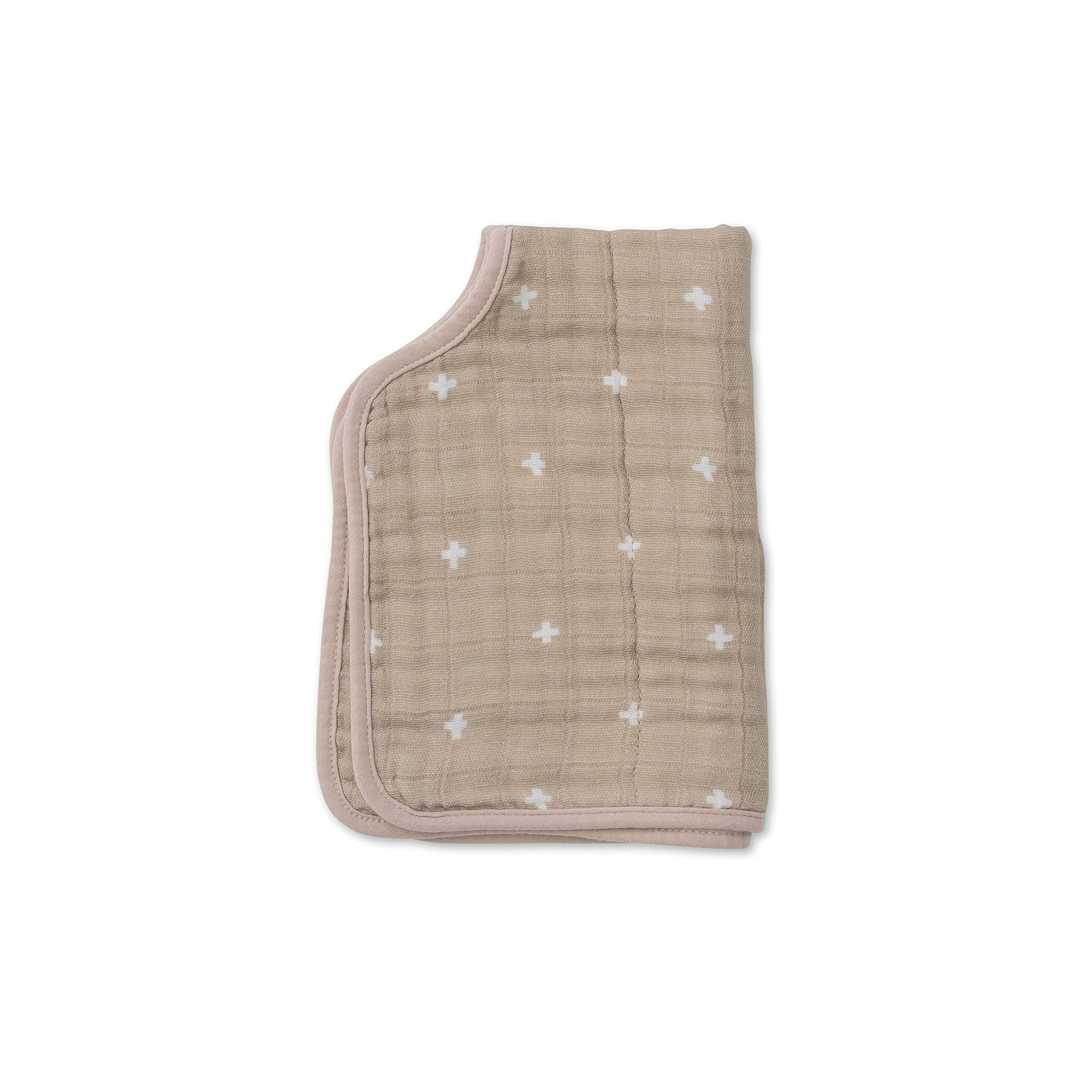 Little Unicorn burp cloth taupe cross full view highlighting ultra-absorbent design