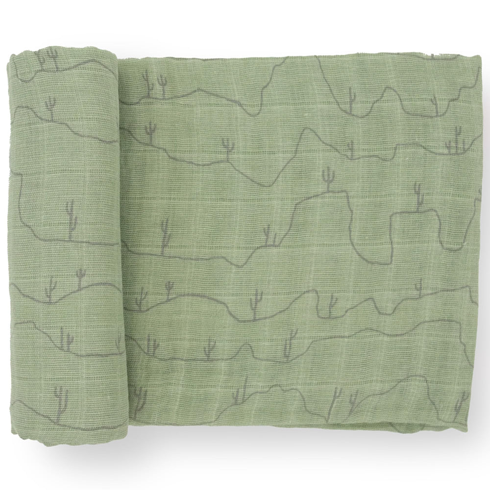 Little Unicorn Cactus Lines swaddle closeup shows soft cotton fabric for a gentle wrap