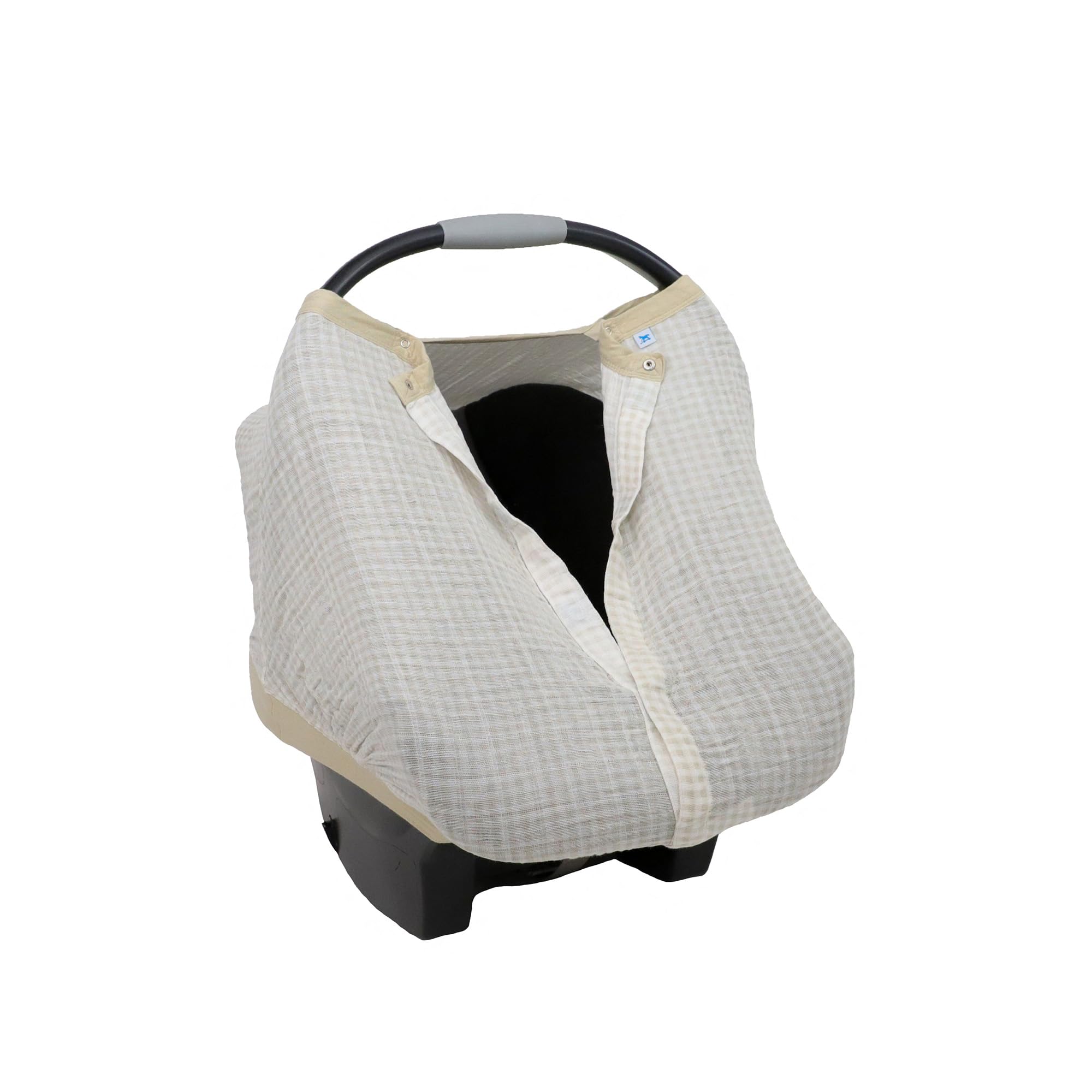 Little Unicorn car seat canopy showing magnetic closure for secure checks.
