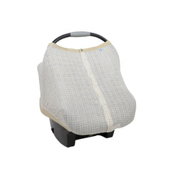 Little Unicorn car seat canopy with peek-a-boo window for private checks.