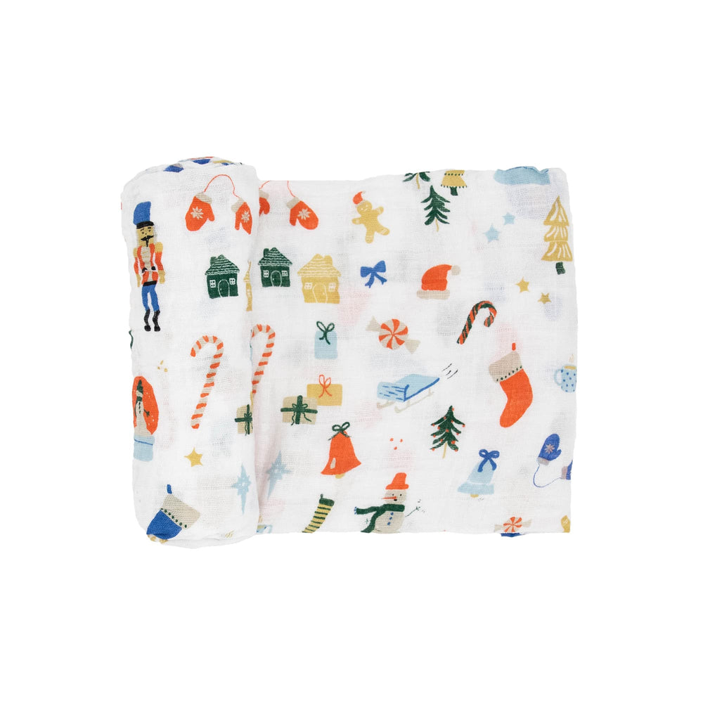 Little Unicorn Christmas Time swaddle close-up shows soft, breathable cotton muslin.