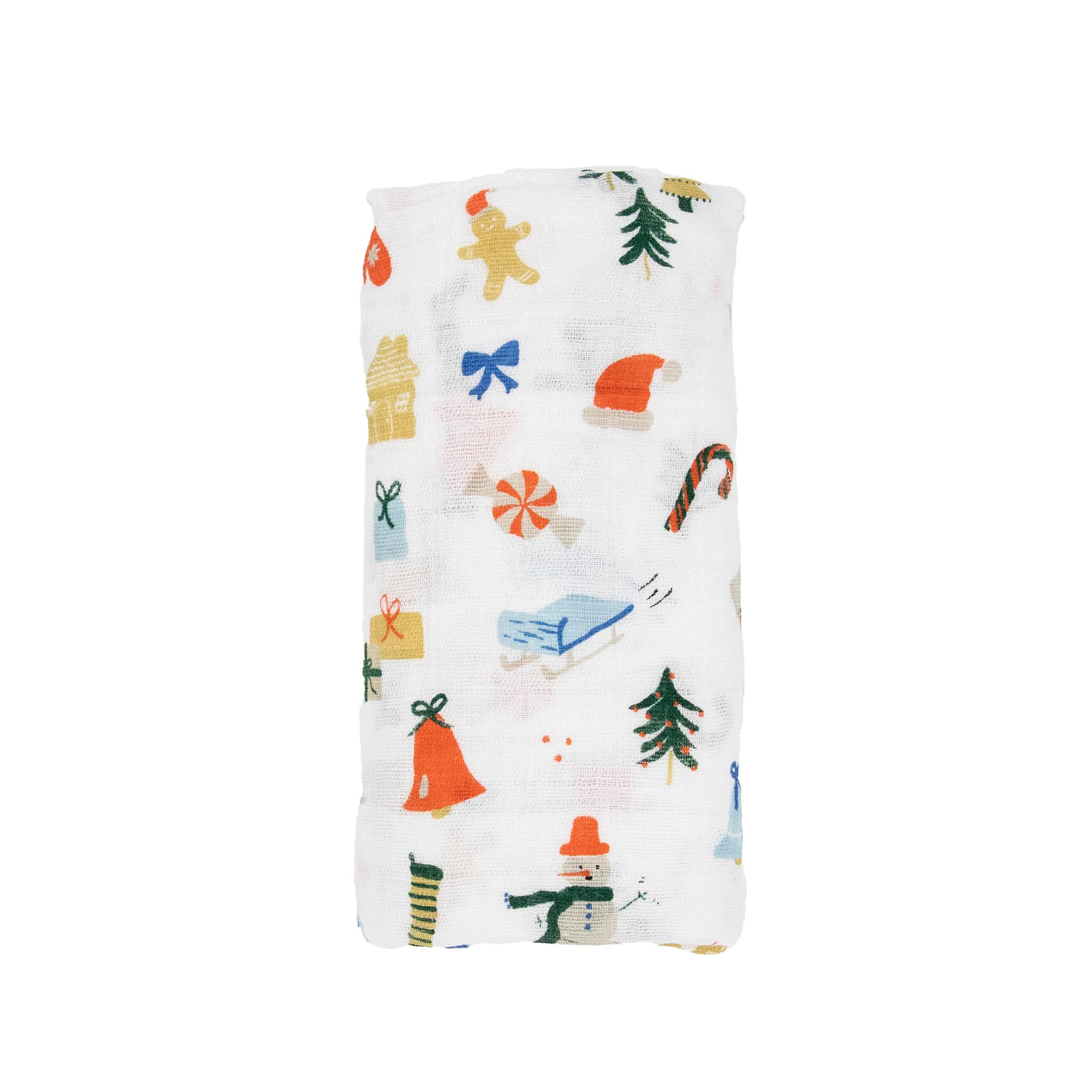 Little Unicorn Christmas Time swaddle used as stroller cover for on-the-go comfort.