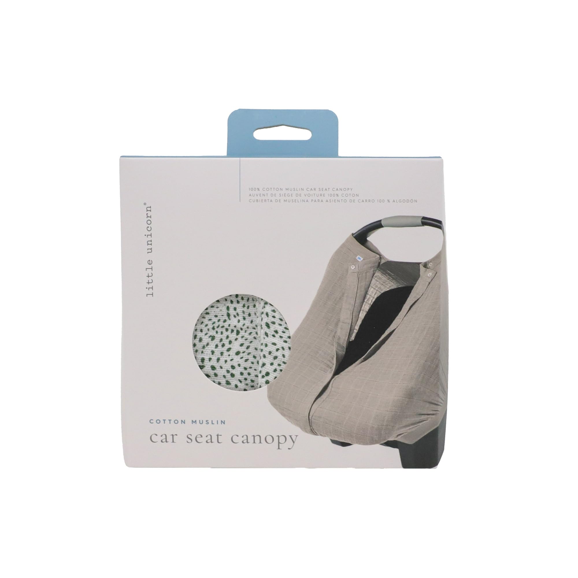 Little Unicorn canopy with elastic secure fit hugs most seats for a snug cover.