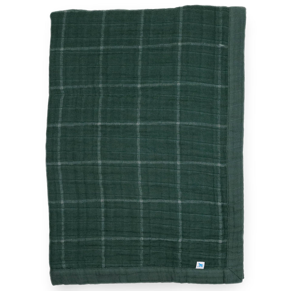 Little Unicorn Evergreen plaid muslin quilt closeup showing soft 100% cotton fabric