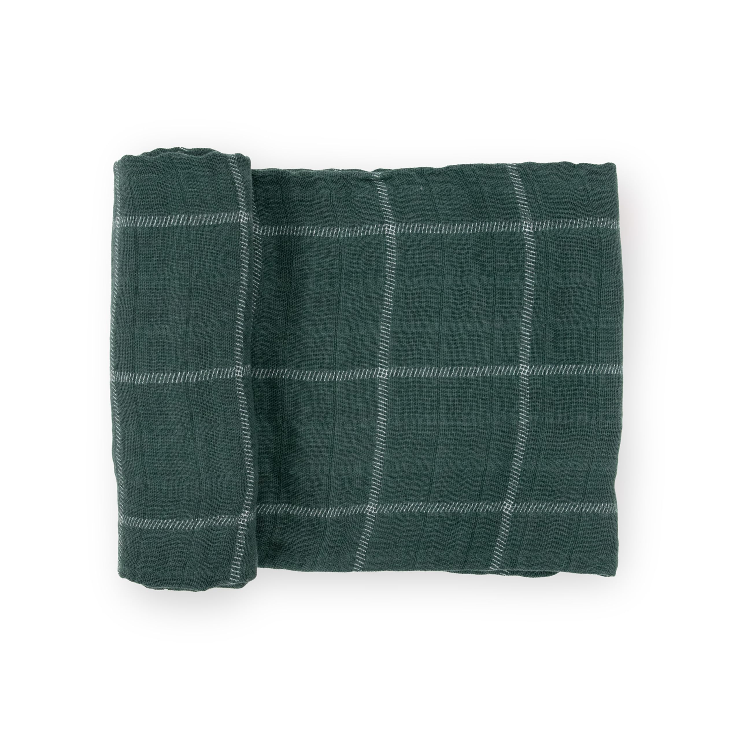 Little Unicorn evergreen plaid swaddle blanket showing breathable cotton softness for baby comfort.