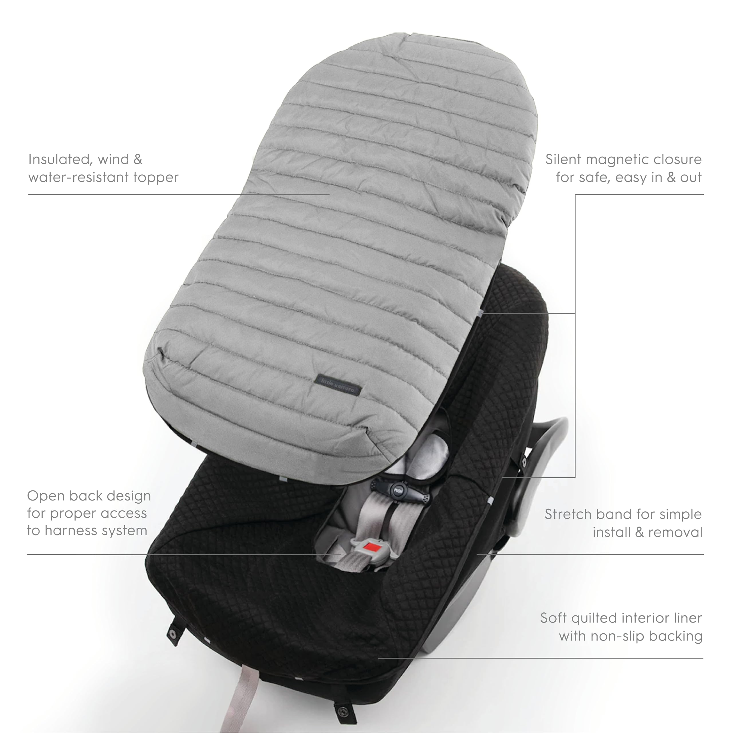 Little Unicorn quilted interior lining adds plush comfort on chilly days.