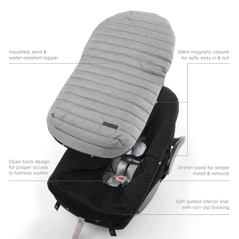 Little Unicorn footmuff universal fit adapts to most baby seats for warmth.