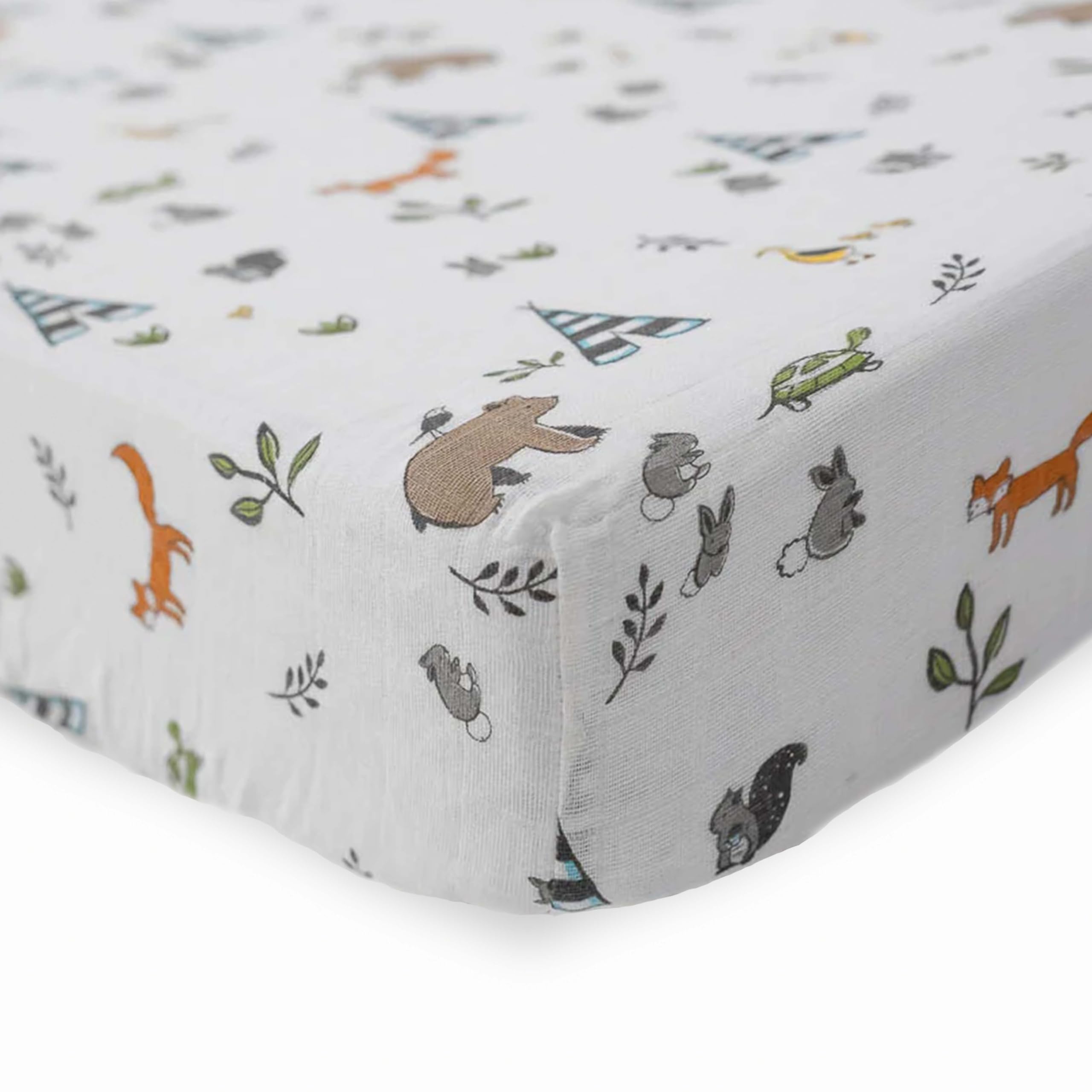 Closeup of Little Unicorn Forest Friends crib sheet texture highlighting softness