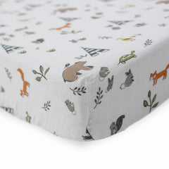 Closeup of Little Unicorn Forest Friends crib sheet texture highlighting softness