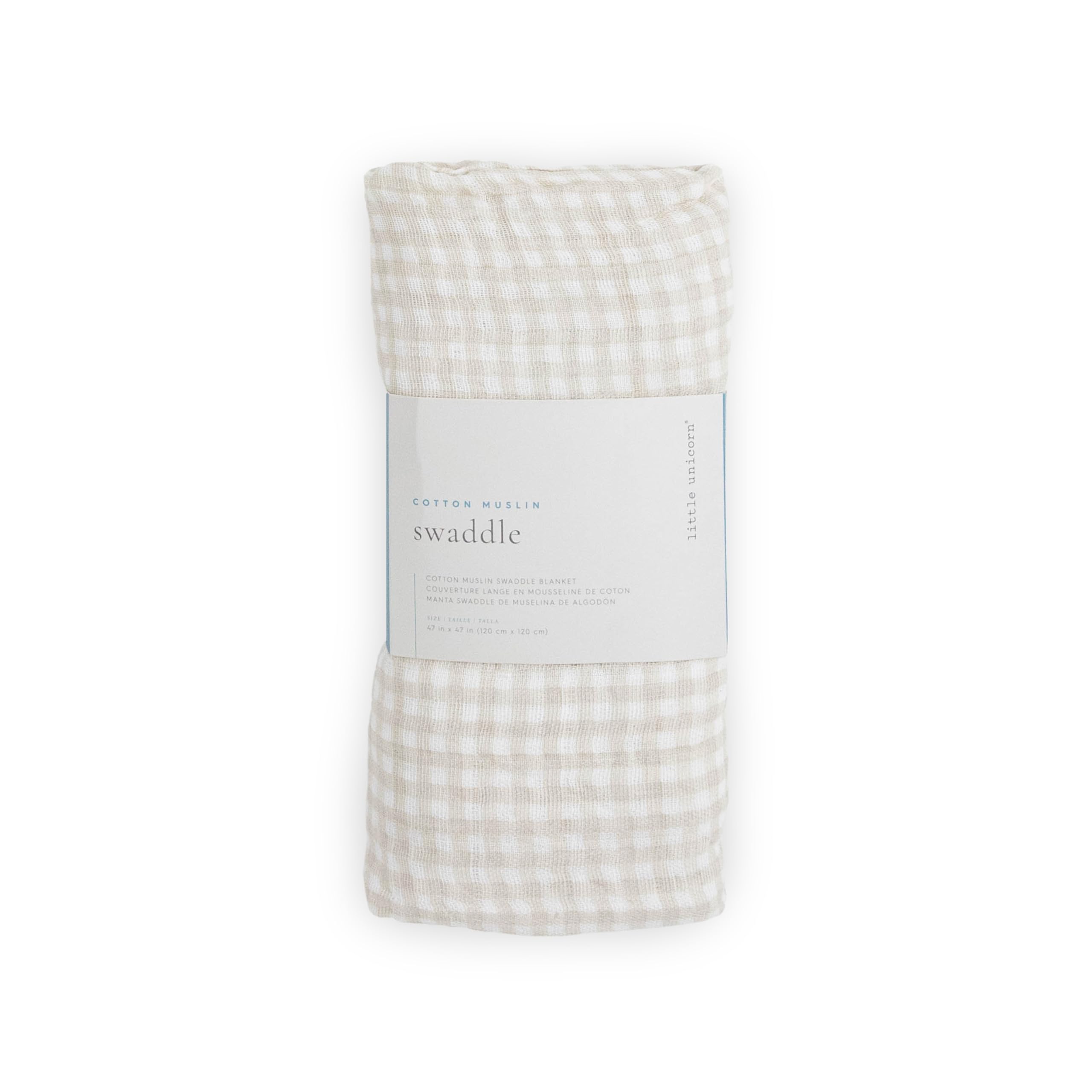 Little Unicorn gift-ready tan gingham packaging.