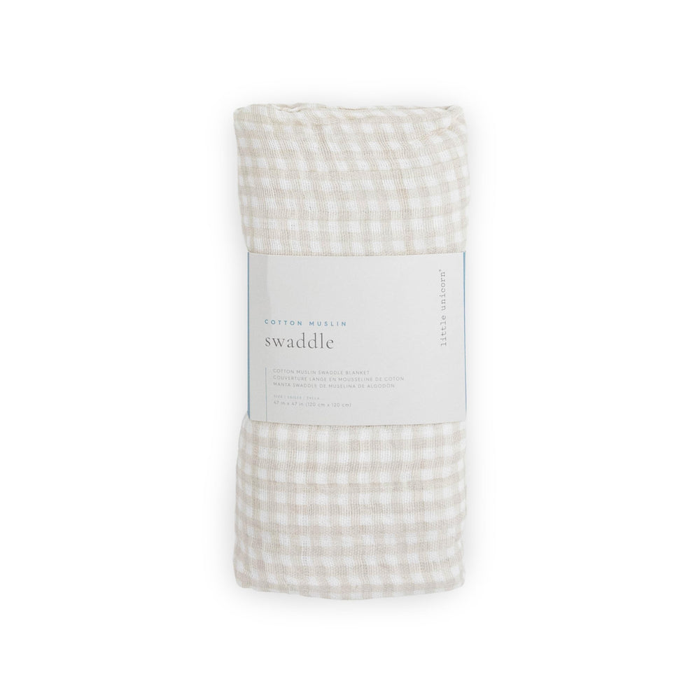 Little Unicorn gift-ready tan gingham packaging.