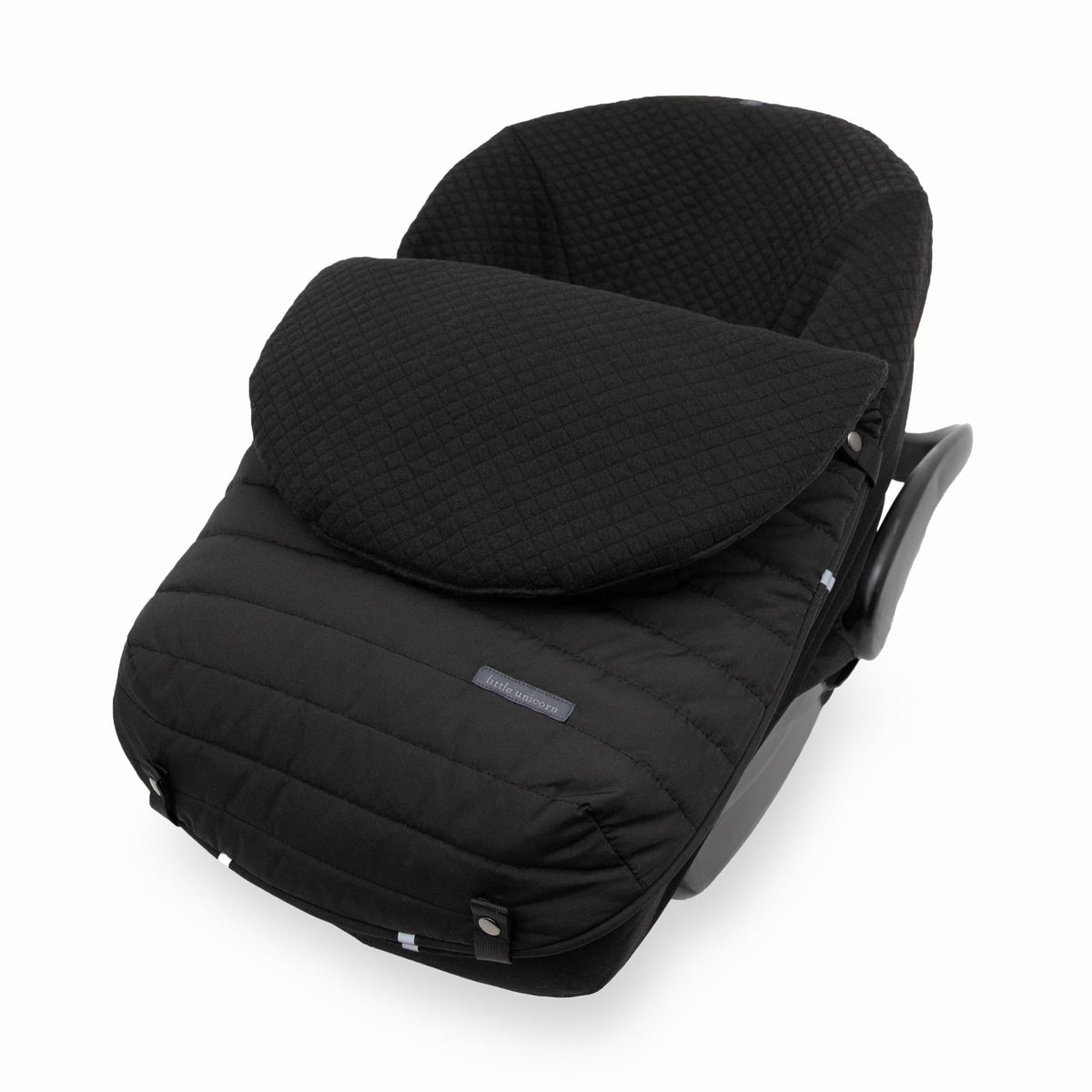 Little Unicorn infant car seat footmuff with open-back design for easy harness access in cold weather.