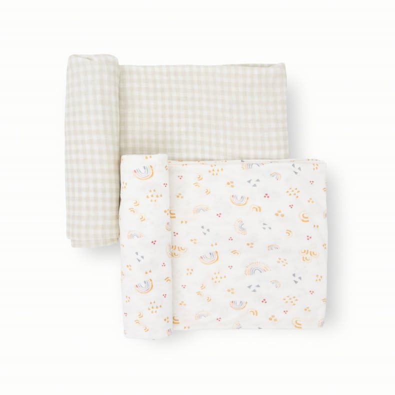 Little Unicorn rainbows two-pack swaddle blanket shows balanced stretch for secure swaddling
