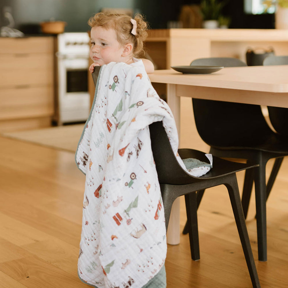 Little Unicorn muslin quilt edges and bias binding add durability.