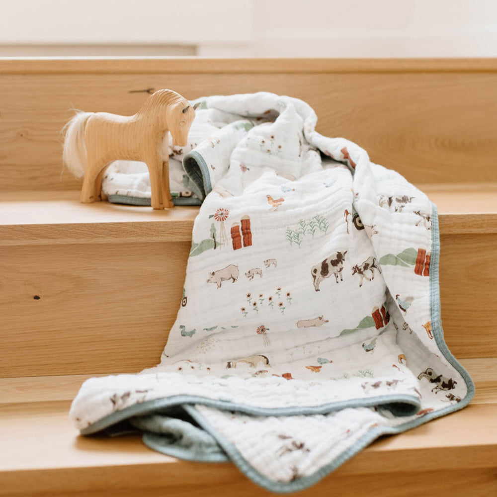 Little Unicorn muslin quilt is 100% cotton and machine washable.