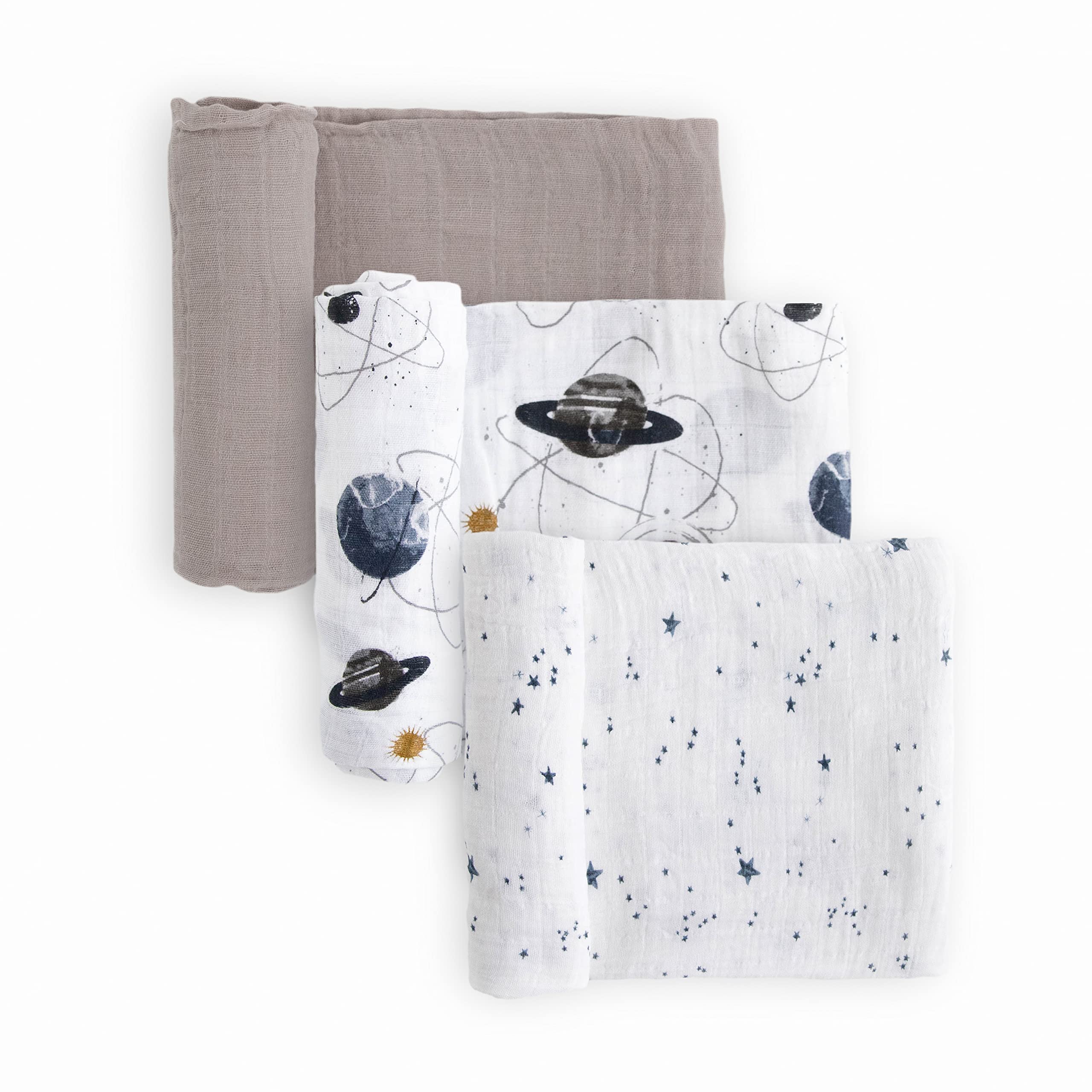 Little Unicorn muslin swaddle 3-pack galaxy design, breathable for cozy swaddling.
