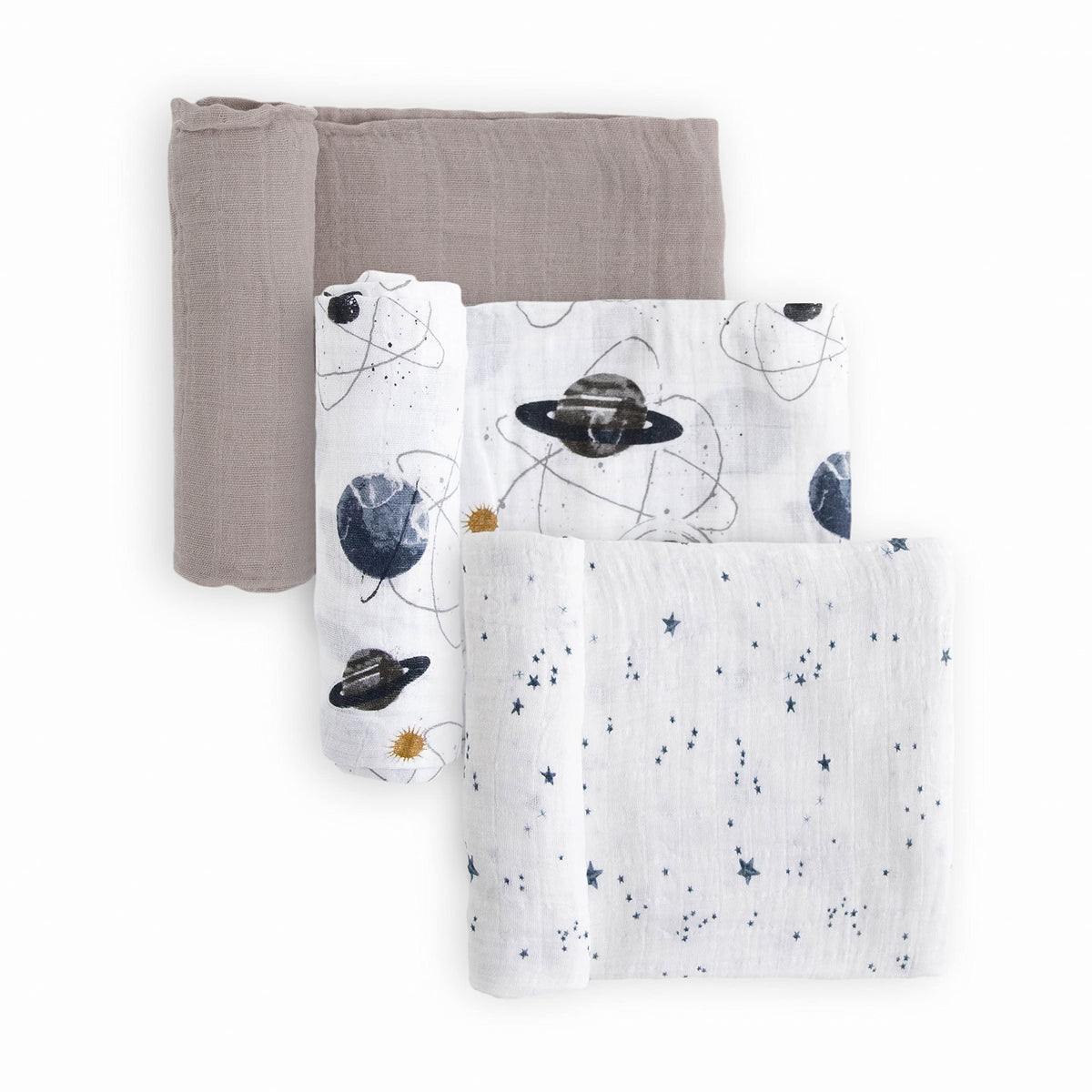Little Unicorn muslin swaddle 3-pack galaxy design, breathable for cozy swaddling.