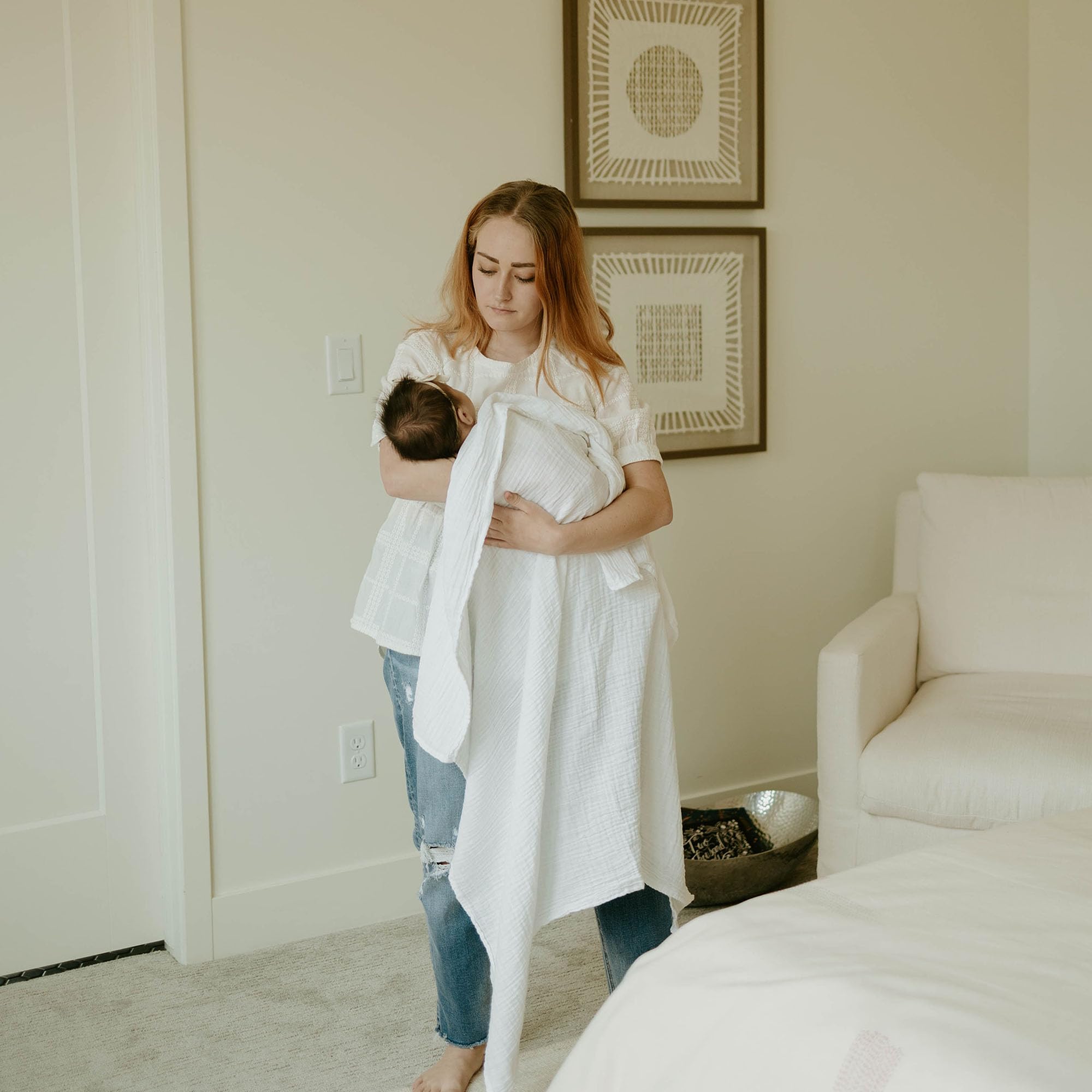 Little Unicorn muslin swaddle blanket white skin-friendly textile for gentle baby touch.