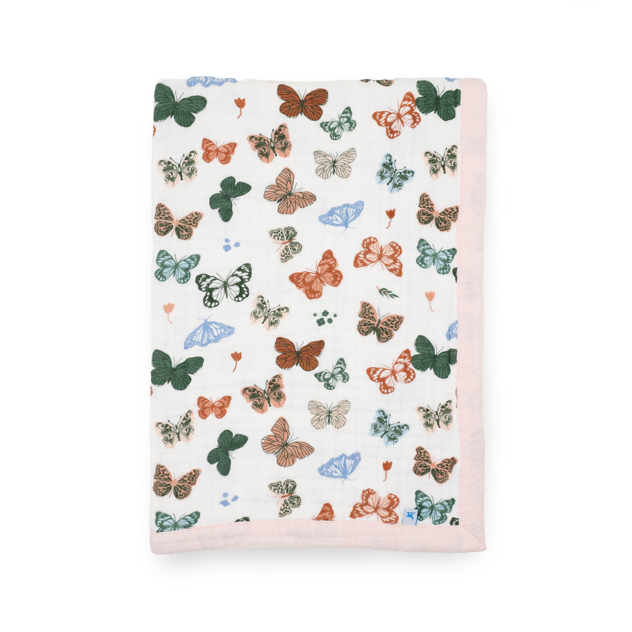Little Unicorn newborn receiving quilt with butterfly print offers soft, breathable comfort for nap time.