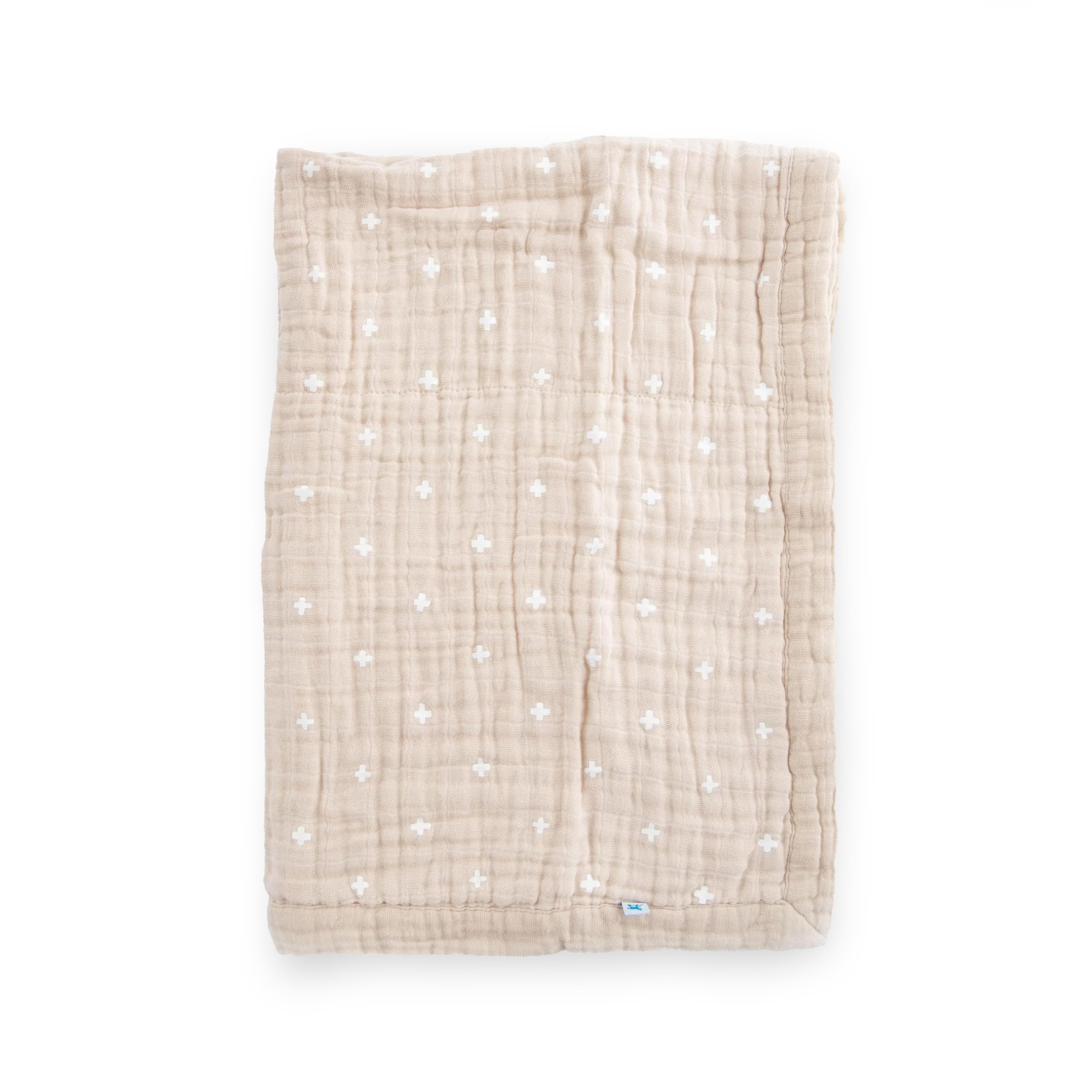Little Unicorn newborn receiving quilt front view, taupe cross design for cozy snuggles.