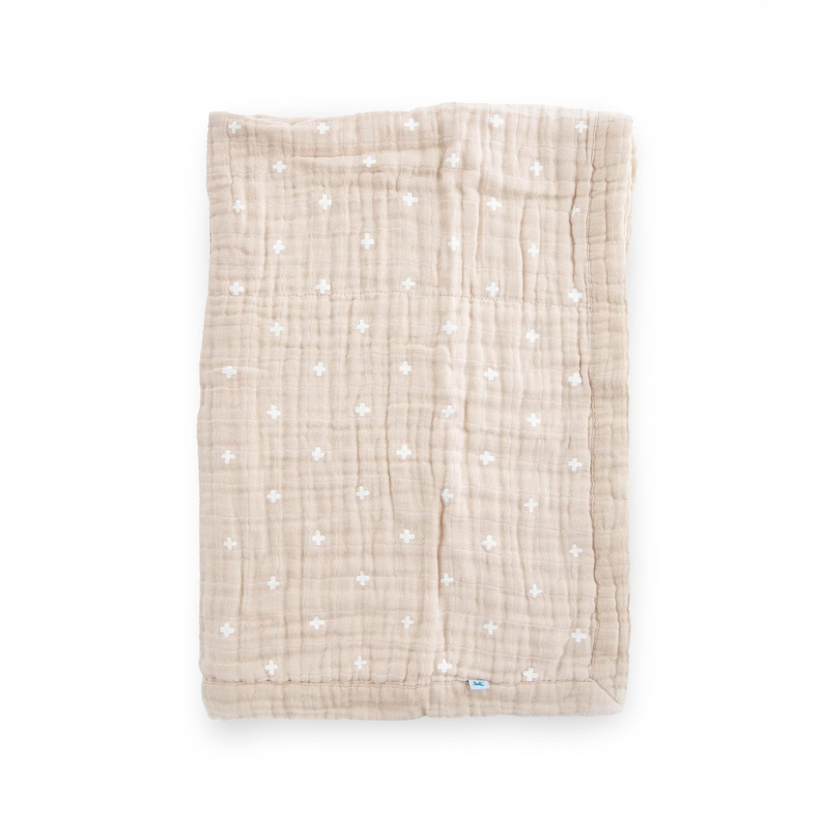 Little Unicorn newborn receiving quilt front view, taupe cross design for cozy snuggles.