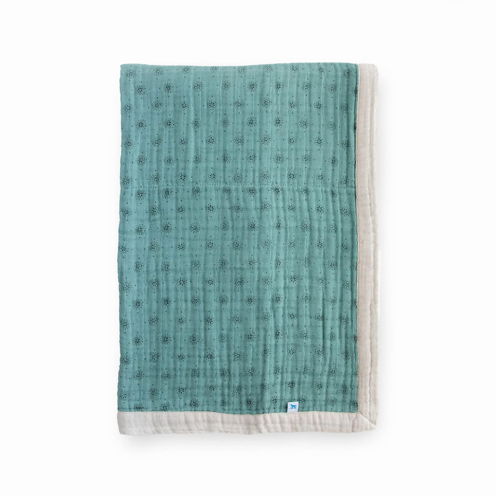 Little Unicorn newborn quilt: soft-weave fabric close-up for gentle skin contact.