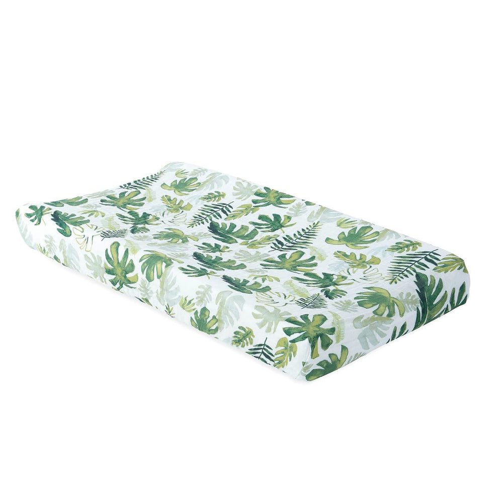 Little Unicorn premium changing pad cover tropical leaf closeup shows soft muslin for gentle diaper changes