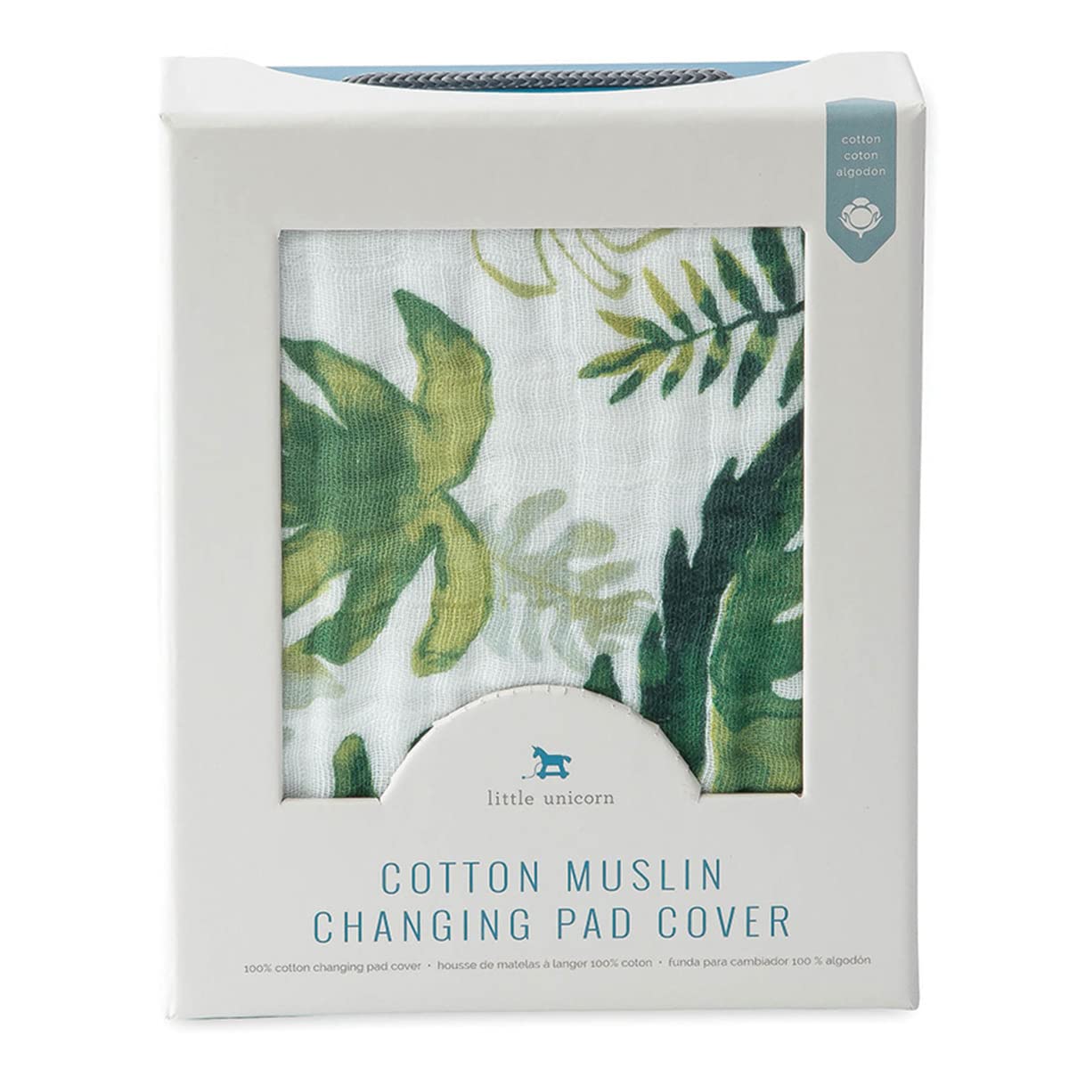 Little Unicorn premium changing pad cover tropical leaf on pad demonstrates snug elastic fit